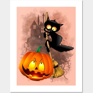 Cat Fun Halloween Character scared by a Pumpkin Posters and Art